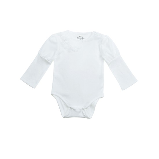  Baby Girls Soft Pima Cotton Romper Bodysuit – Long Sleeve, Crewneck, Solid Colors, Snow, 3-6 M