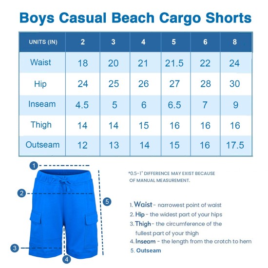  Boys Casual Beach Cargo Shorts – Soft Cotton, Pull-On/Drawstring Closure, Two Pockets, 2pc - White/Midnight, 2
