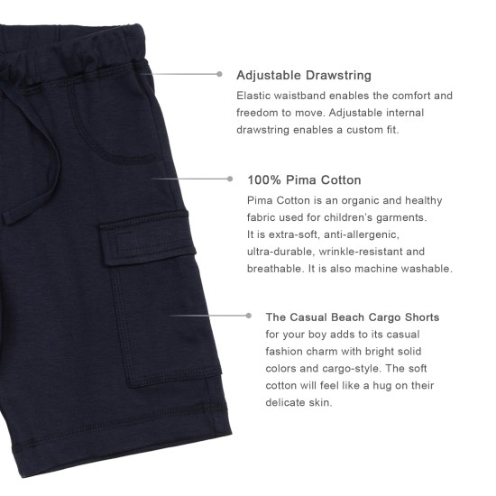  Boys Casual Beach Cargo Shorts – Soft Cotton, Pull-On/Drawstring Closure, Two Pockets, 2pc - Midnight/Crimson, 2