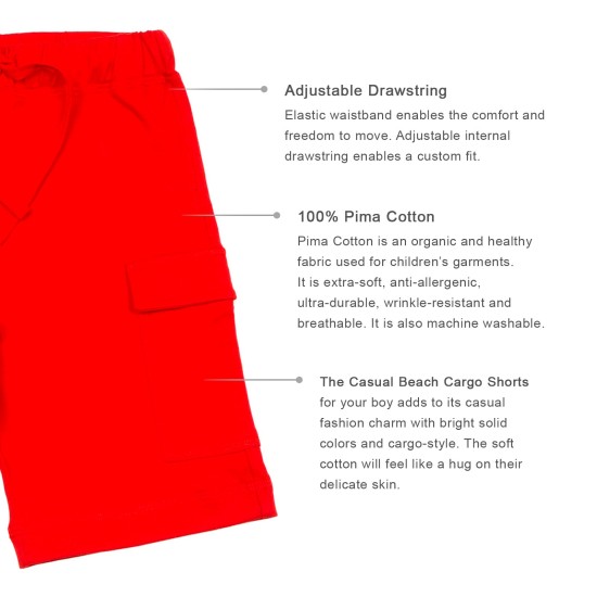  Boys Casual Beach Cargo Shorts – Soft Cotton, Pull-On/Drawstring Closure, Two Pockets, 2pc - Crimson/Cobalt, 4