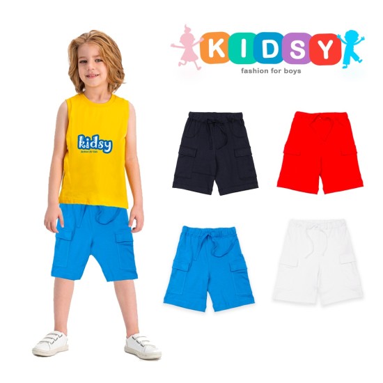  Boys Casual Beach Cargo Shorts – Soft Cotton, Pull-On/Drawstring Closure, Two Pockets, 2pc - Crimson/Cobalt, 3