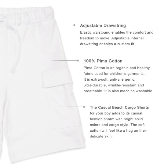  Boys Casual Beach Cargo Shorts – Soft Cotton, Pull-On/Drawstring Closure, Two Pockets, White, 6