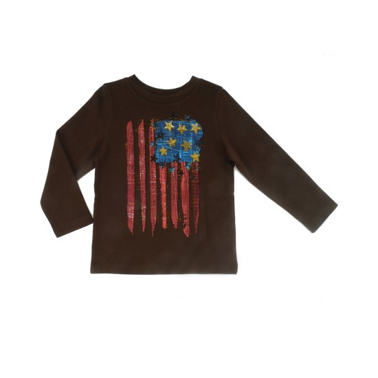  Boys Flag Art Graphic Printed Peruvian Cotton T-shirt – Long Sleeve, Crewneck, Chocolate, 5