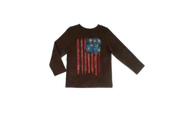  Boys Flag Art Graphic Printed Peruvian Cotton T-shirt – Long Sleeve, Crewneck, Chocolate, 2