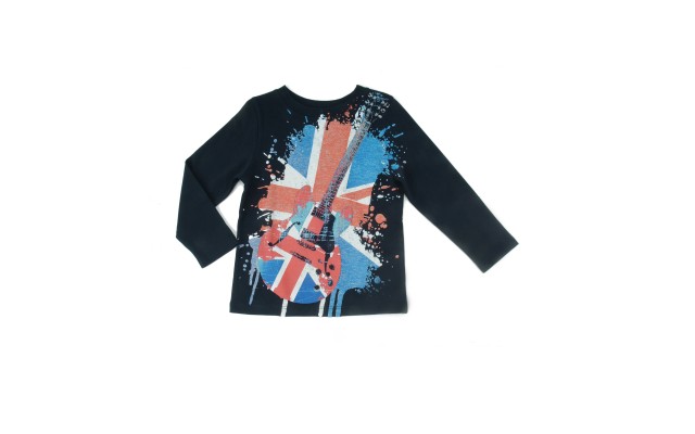 Boys Rockstar Graphic Printed Peruvian Cotton T-shirt – Long Sleeve, Crewneck, Navy, 2