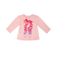 Kidsy Girls Ballerina Ribbon Peruvian Cotton T-Shirt – Puff-ish Long Sleeve, Crewneck With Buttons – Petal, Pink, 2