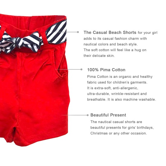 Girls Casual Beach Nautical Shorts – Soft Cotton, Pull-On Closure, Two Pockets, Crimson, 4