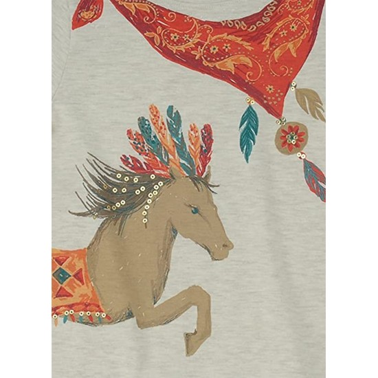 Girls Cowgirl Pattern Peruvian Cotton Printed T-Shirt – Long Sleeve, Crewneck, Oatmeal Heather, 2