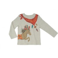 Kidsy Girls Cowgirl Pattern Peruvian Cotton Printed T-Shirt – Long Sleeve, Crewneck, Oatmeal Heather, 2