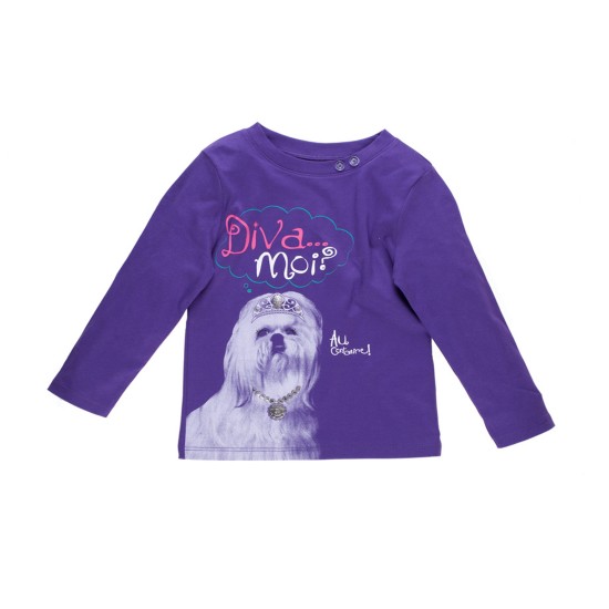  Girls Diva Dog Pattern Peruvian Cotton Printed T-Shirt – Long Sleeve, Crewneck, Plum, 2