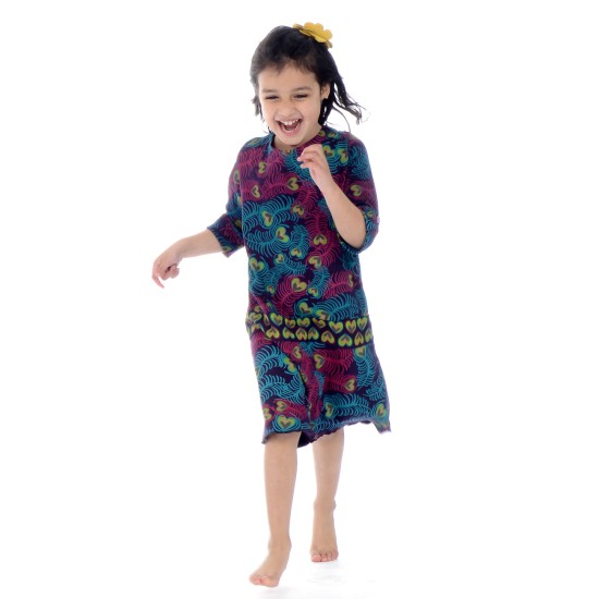  Girls Feathers Peruvian Cotton Dress – Crewneck, Short Sleeve, Heart Belt, DEEP PLUM, 3