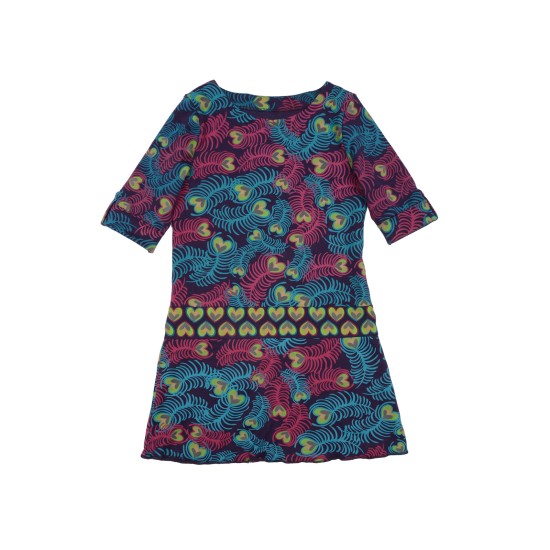  Girls Feathers Peruvian Cotton Dress – Crewneck, Short Sleeve, Heart Belt, DEEP PLUM, 3
