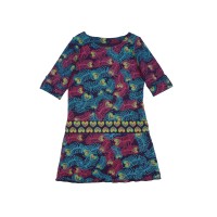 Kidsy Girls Feathers Peruvian Cotton Dress – Crewneck, Short Sleeve, Heart Belt, DEEP PLUM, 8