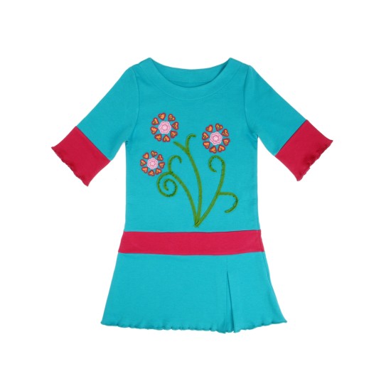  Girls Flower Hearts Peruvian Cotton Embroidery Dress – Crewneck,  Short Sleeve, A-Line Skirt With A Pleat, Parrot, 2