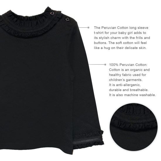  Girls Frilled Neck And Cuffs Peruvian Cotton T-Shirt – Long Sleeve, Crewneck, Black, 4
