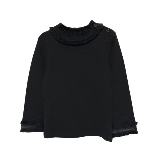 Girls Frilled Neck And Cuffs Peruvian Cotton T-Shirt – Long Sleeve, Crewneck, Black, 4