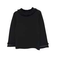 Kidsy Girls Frilled Neck And Cuffs Peruvian Cotton T-Shirt – Long Sleeve, Crewneck, Black, 5