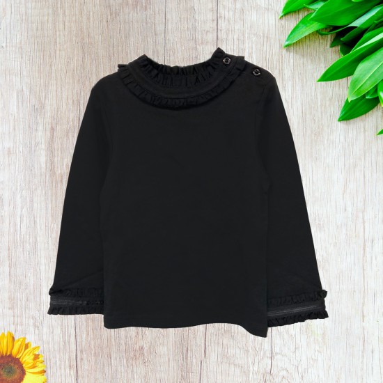  Girls Frilled Neck And Cuffs Peruvian Cotton T-Shirt – Long Sleeve, Crewneck, Black, 6