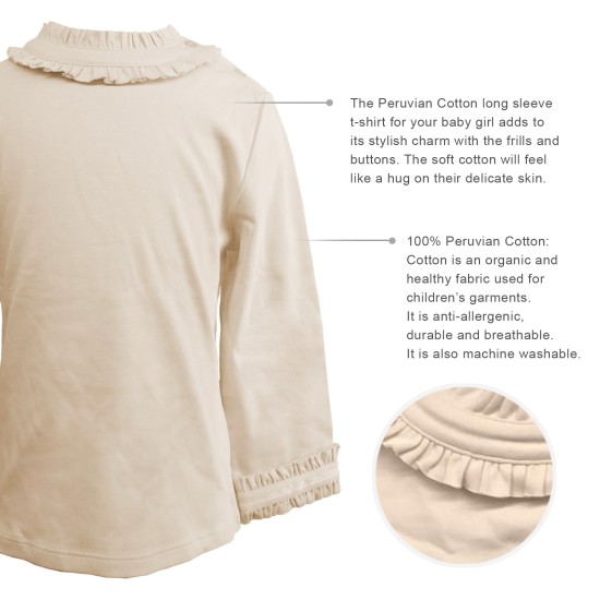  Girls Frilled Neck And Cuffs Peruvian Cotton T-Shirt – Long Sleeve, Crewneck, Creme Brule, 3