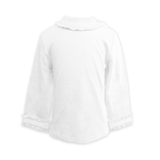  Girls Frilled Neck And Cuffs Peruvian Cotton T-Shirt – Long Sleeve, Crewneck, Snow, 2