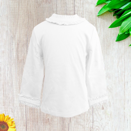  Girls Frilled Neck And Cuffs Peruvian Cotton T-Shirt – Long Sleeve, Crewneck, Snow, 3