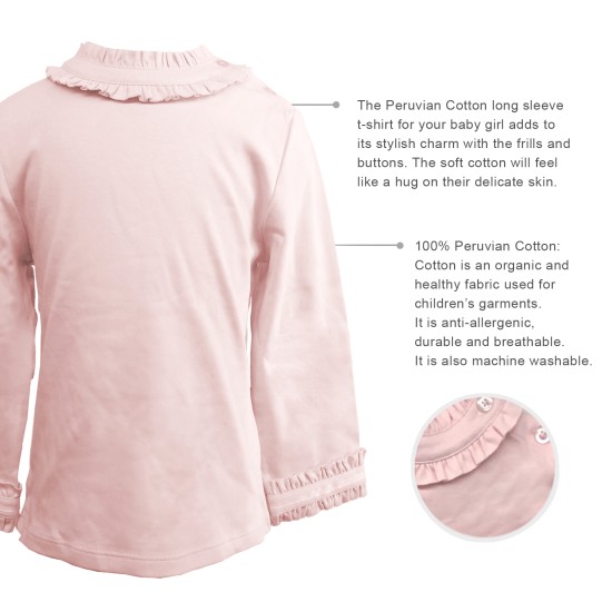  Girls Frilled Neck And Cuffs Peruvian Cotton T-Shirt – Long Sleeve, Crewneck, Tickled Pink, 6