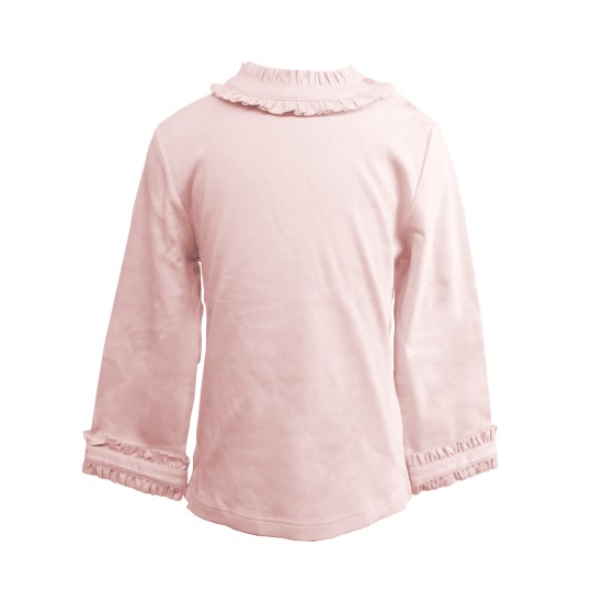  Girls Frilled Neck And Cuffs Peruvian Cotton T-Shirt – Long Sleeve, Crewneck, Tickled Pink, 2
