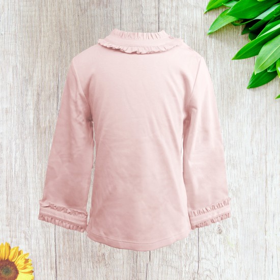  Girls Frilled Neck And Cuffs Peruvian Cotton T-Shirt – Long Sleeve, Crewneck, Tickled Pink, 6
