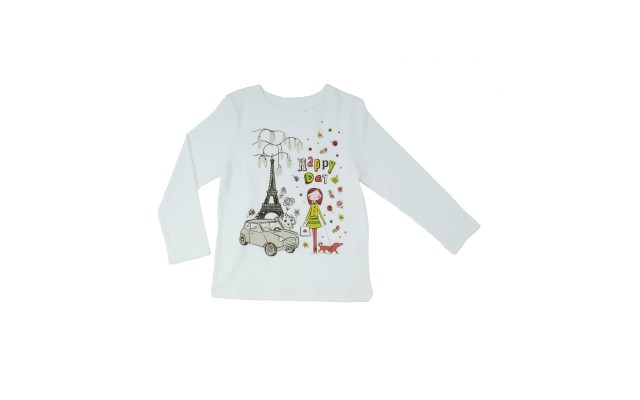  Girls Happy Day Graphic Printed Peruvian Cotton T-Shirt – Long Sleeve, Frill Crewneck, Snow, 8