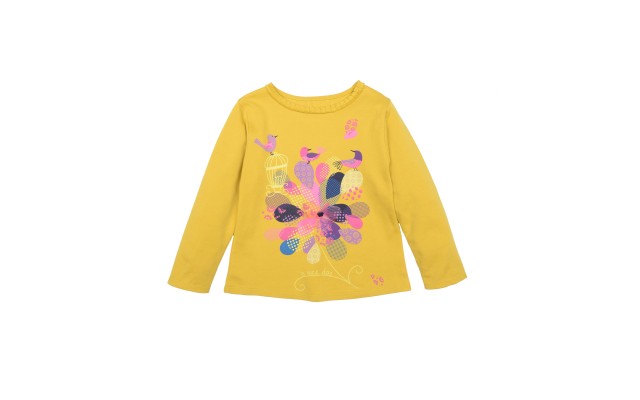  Girls Pastel Colors Of Nature Graphic Printed Peruvian Cotton T-Shirt – Long Sleeve, Frill Crewneck, Marigold, 8
