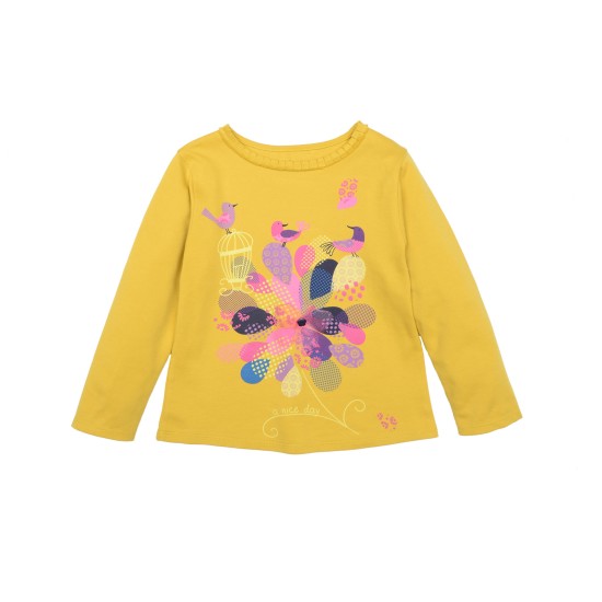  Girls Pastel Colors Of Nature Graphic Printed Peruvian Cotton T-Shirt – Long Sleeve, Frill Crewneck, Marigold, 2