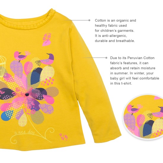  Girls Pastel Colors Of Nature Graphic Printed Peruvian Cotton T-Shirt – Long Sleeve, Frill Crewneck, Marigold, 4