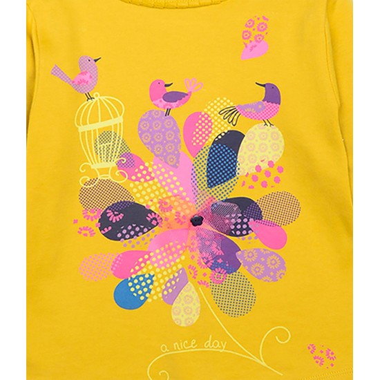  Girls Pastel Colors Of Nature Graphic Printed Peruvian Cotton T-Shirt – Long Sleeve, Frill Crewneck, Marigold, 8