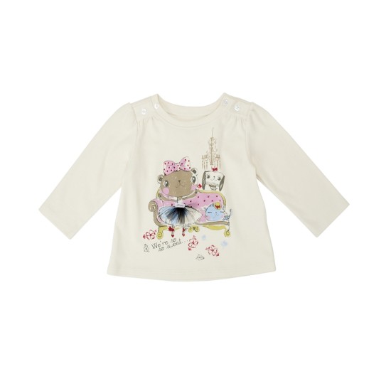 Kidsy Girls Sweet Animals Pattern Printed Peruvian Cotton T-Shirt – Puff-ish Long Sleeve, Crewneck With Buttons, Creme Brulle, 6