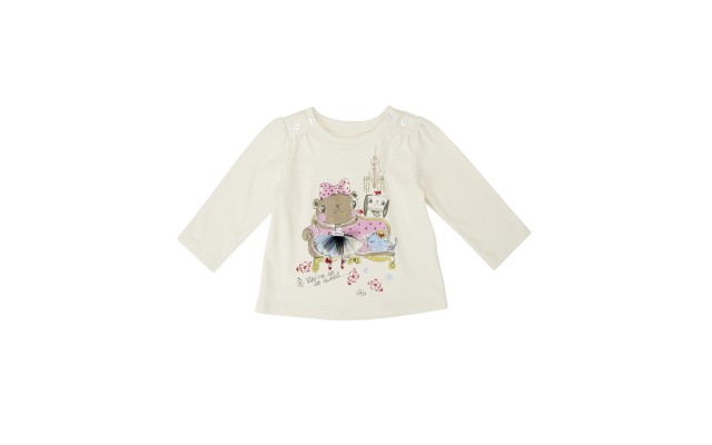 Kidsy Girls Sweet Animals Pattern Printed Peruvian Cotton T-Shirt – Puff-ish Long Sleeve, Crewneck With Buttons, Creme Brulle, 3