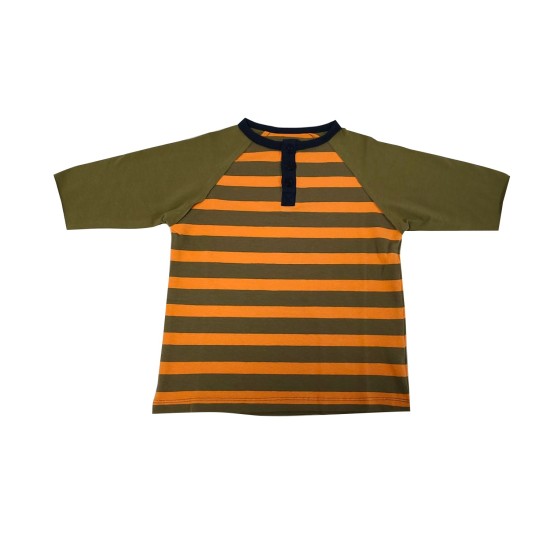  Toddler Baby Boys Three Buttoned Striped Peruvian Cotton Long Sleeve T-Shirt, Army Stripe, 8