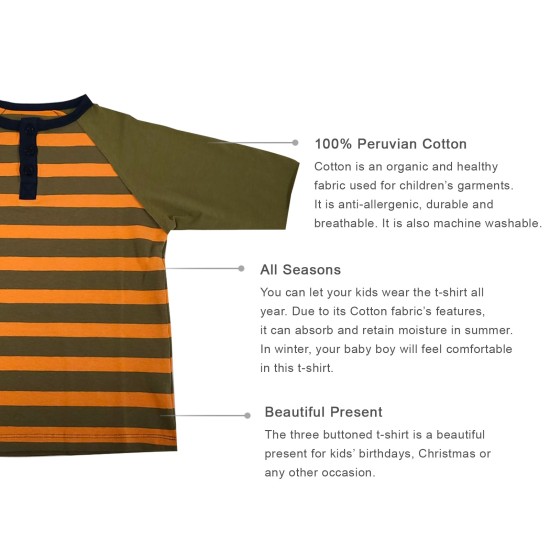  Toddler Baby Boys Three Buttoned Striped Peruvian Cotton Long Sleeve T-Shirt, Army Stripe, 5