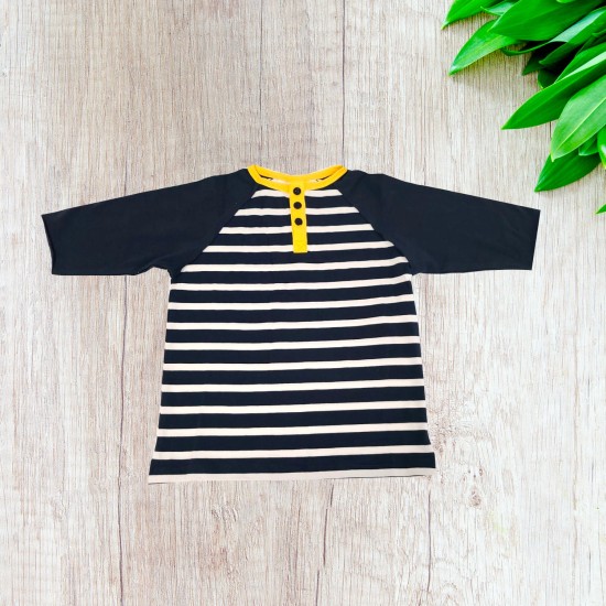  Toddler Baby Boys Three Buttoned Striped Peruvian Cotton Long Sleeve T-Shirt, Navy Stripe, 4