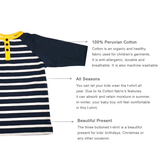  Toddler Baby Boys Three Buttoned Striped Peruvian Cotton Long Sleeve T-Shirt, Navy Stripe, 4