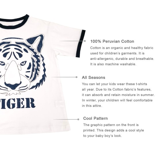  Toddler Baby Boys Tiger, Compass Graphic Printed Peruvian Cotton Short Sleeve T-Shirt for 2, 3, 4, 5, 6, 8 Years, Tiger, 4