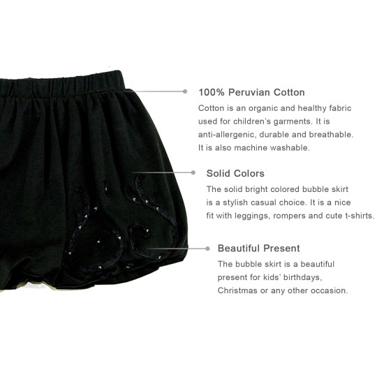  Toddler Baby Girls Embroidery Bubble Skirt – Peruvian Pima Cotton, Balloon Skirt, Elastic Waist, Pull-On, Solid Colors, Black, 4