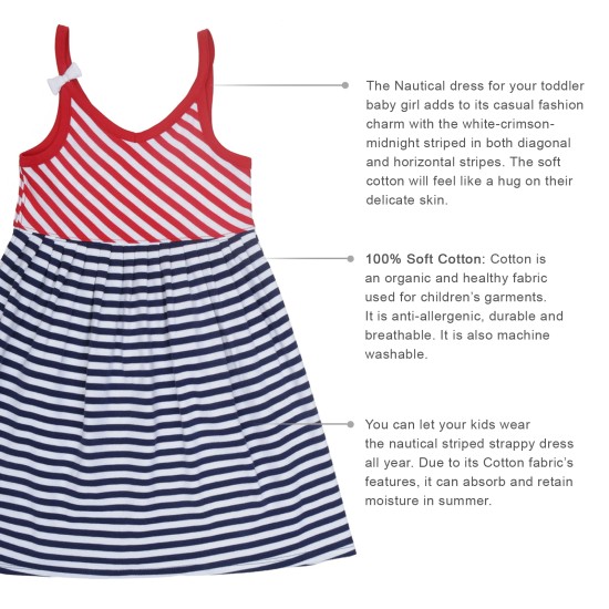  Toddler Baby Girls Nautical Striped Peruvian Cotton Dress – Strappy, Loose-Fit, Long Skirt, Whte/Crimson/Midnight, 6