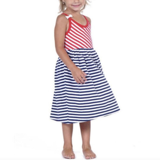  Toddler Baby Girls Nautical Striped Peruvian Cotton Dress – Strappy, Loose-Fit, Long Skirt, Whte/Crimson/Midnight, 2