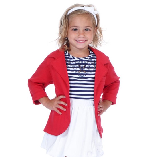  Toddler Girls Fashion Nautical Blazer Jacket  – Notched Lapel, Two Buttons, Crimson, 8