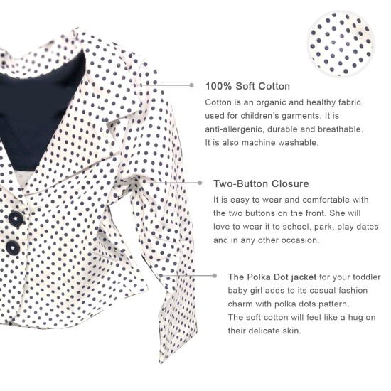  Toddler Girls Polka Dots Blazer Jacket  – Notched Lapel, Two Button Closures, NAVY DOT, 5