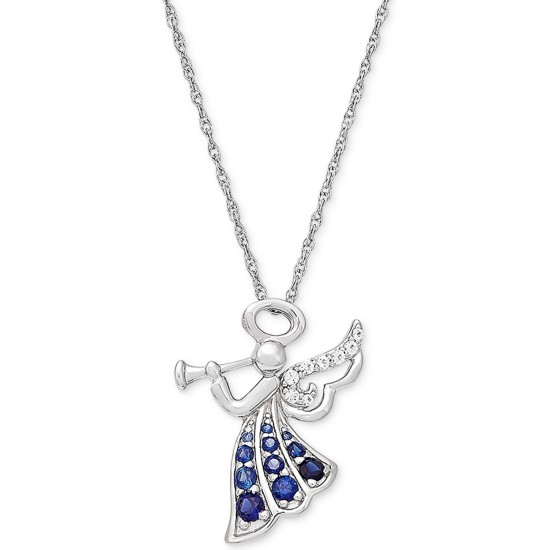  Blue (3/8 ct. t.w.) & White Sapphire (1/10 ct. t.w.) Angel 18″ Pendant Necklace in Sterling Silver