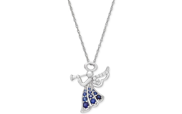  Blue (3/8 ct. t.w.) & White Sapphire (1/10 ct. t.w.) Angel 18″ Pendant Necklace in Sterling Silver