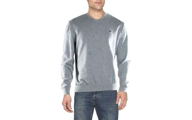  Men’s V-neck Wool Jersey Sweater (Gray, 4XL)