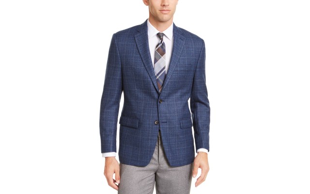  Men Blazer Plaid Notch Collar Wool, Navy, 36S