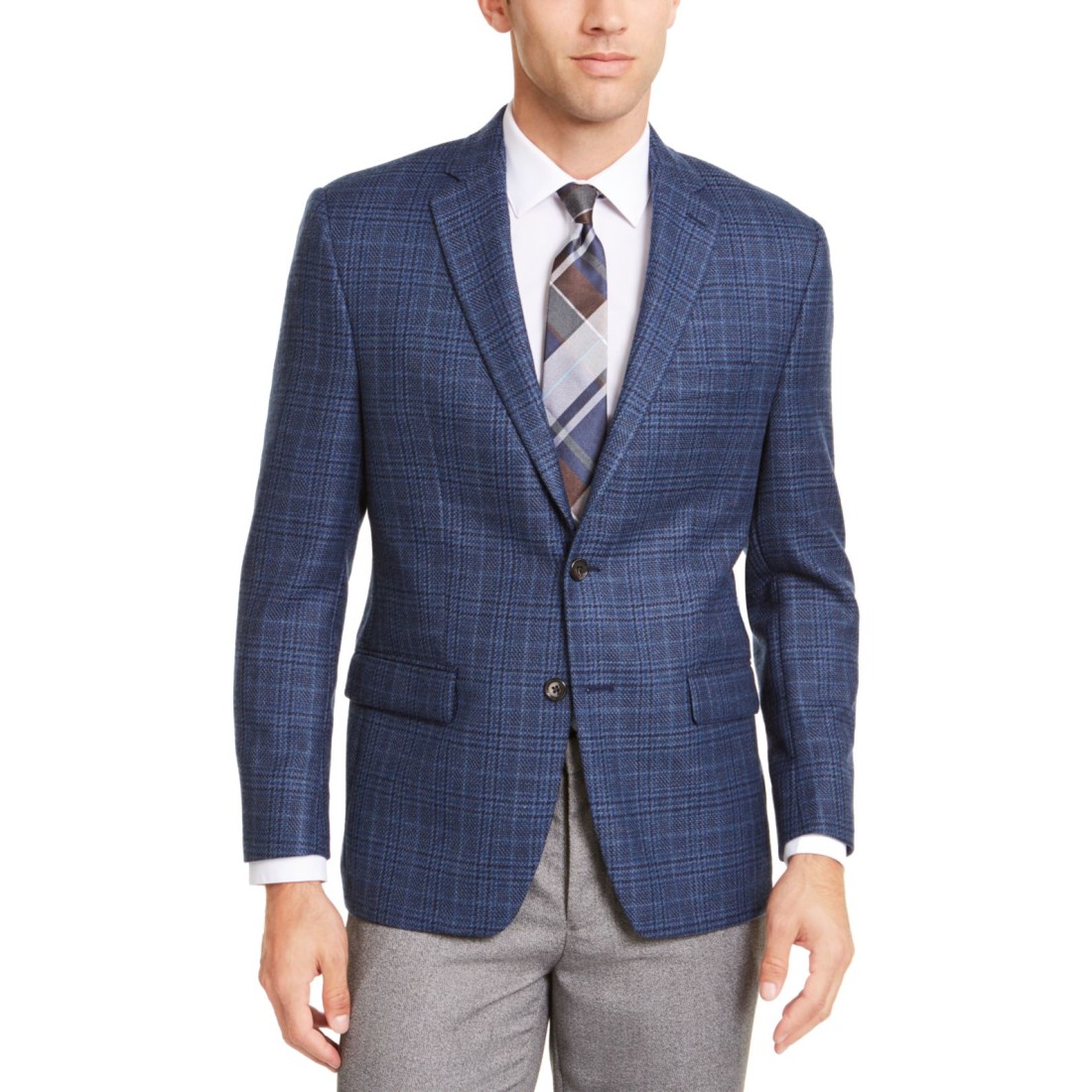 Lauren by Ralph Lauren Men Blazer Plaid Notch Collar Wool, Navy, 40S